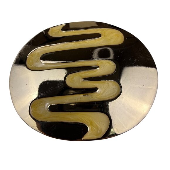 Vintage Oval Enamel Belt Buckle Gold & Cream Abstract Design - Picture 1 of 5